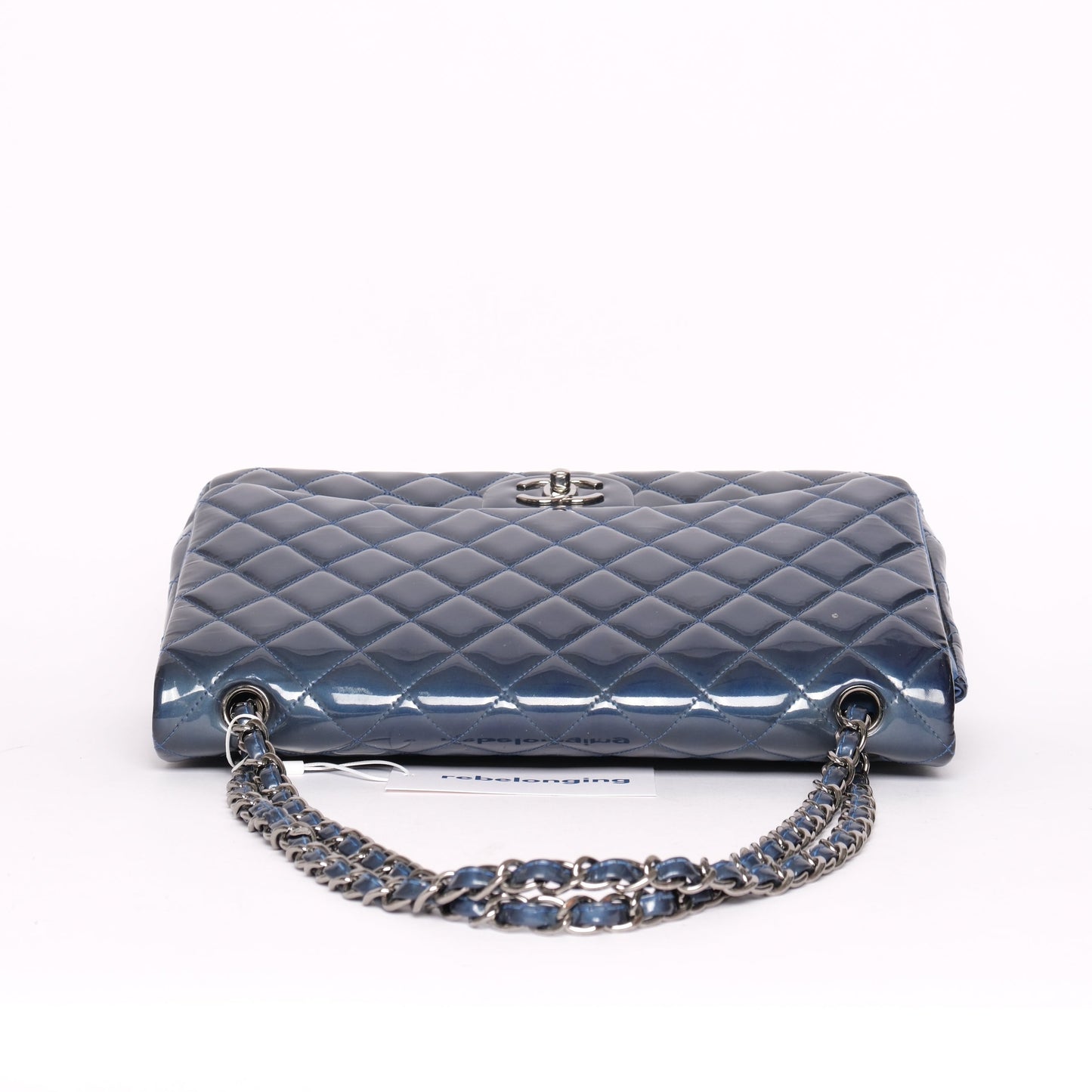 Chanel Patent Leather Blue Jumbo Double Flap Shoulder Bag