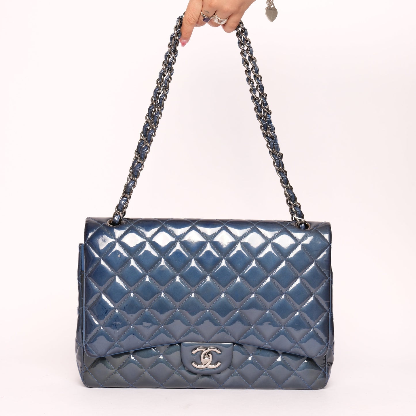 Chanel Patent Leather Blue Jumbo Double Flap Shoulder Bag