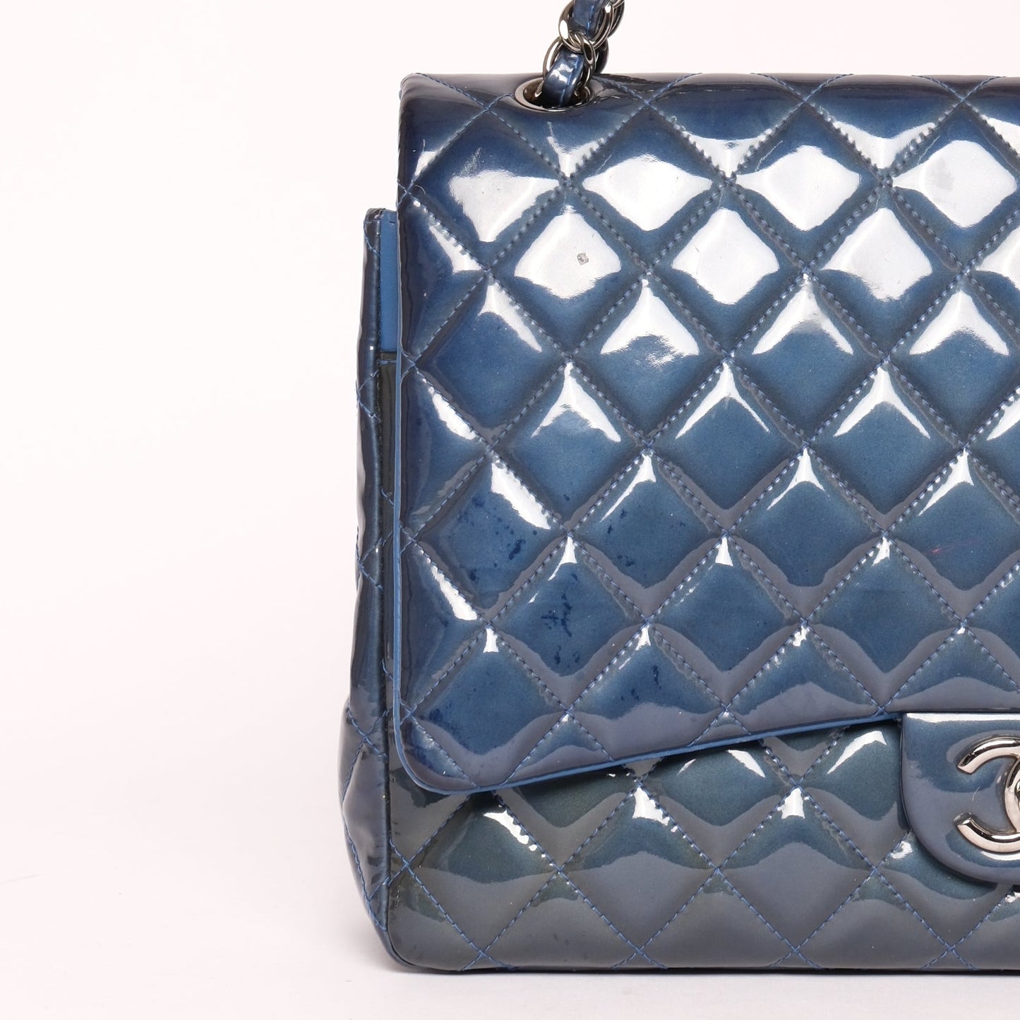 Chanel Patent Leather Blue Jumbo Double Flap Shoulder Bag