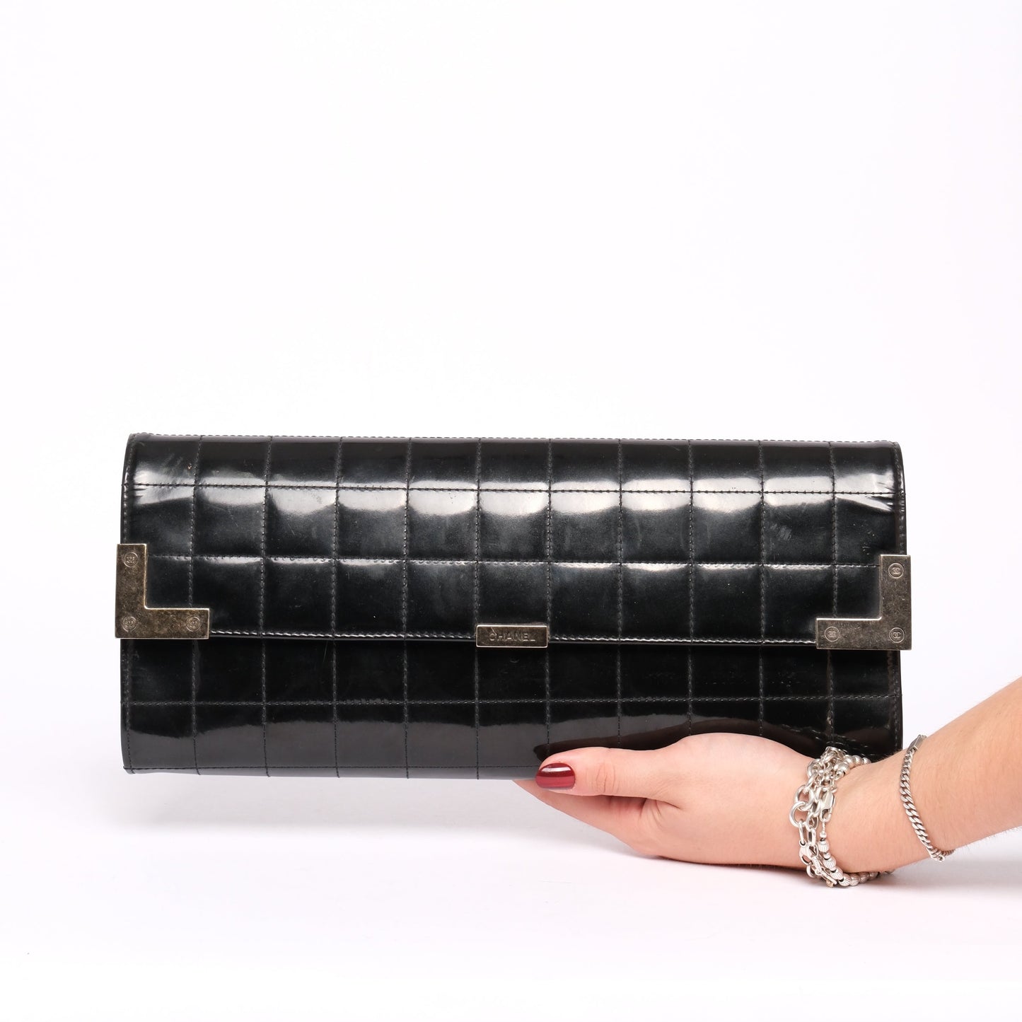 Chanel Black Patent Leather Chocolate Bar Quilted Clutch