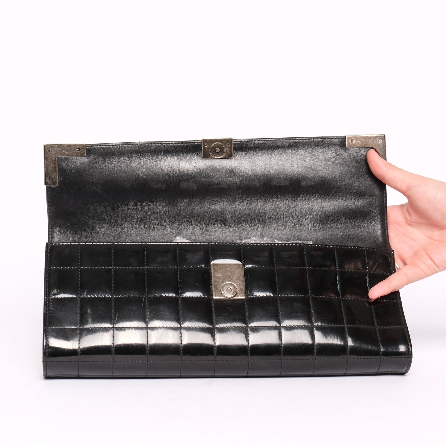 Chanel Black Patent Leather Chocolate Bar Quilted Clutch