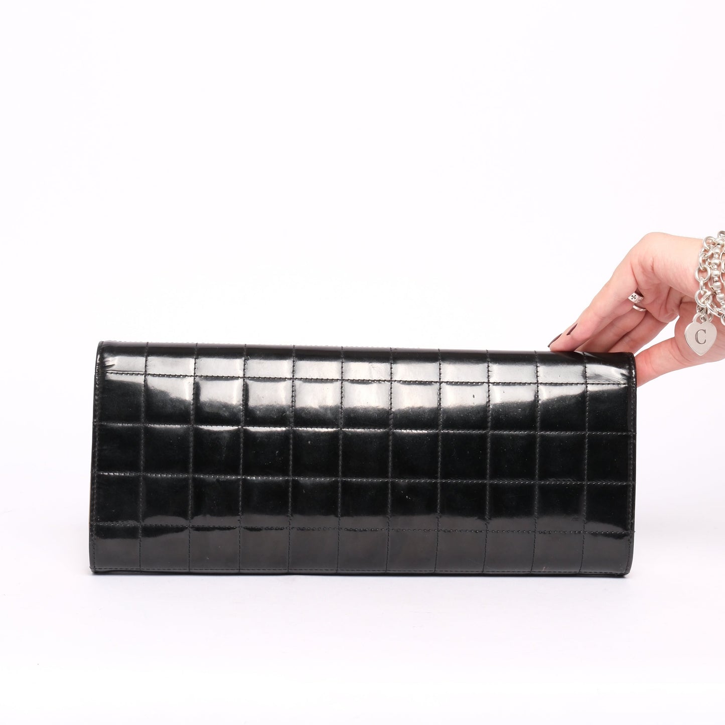 Chanel Black Patent Leather Chocolate Bar Quilted Clutch