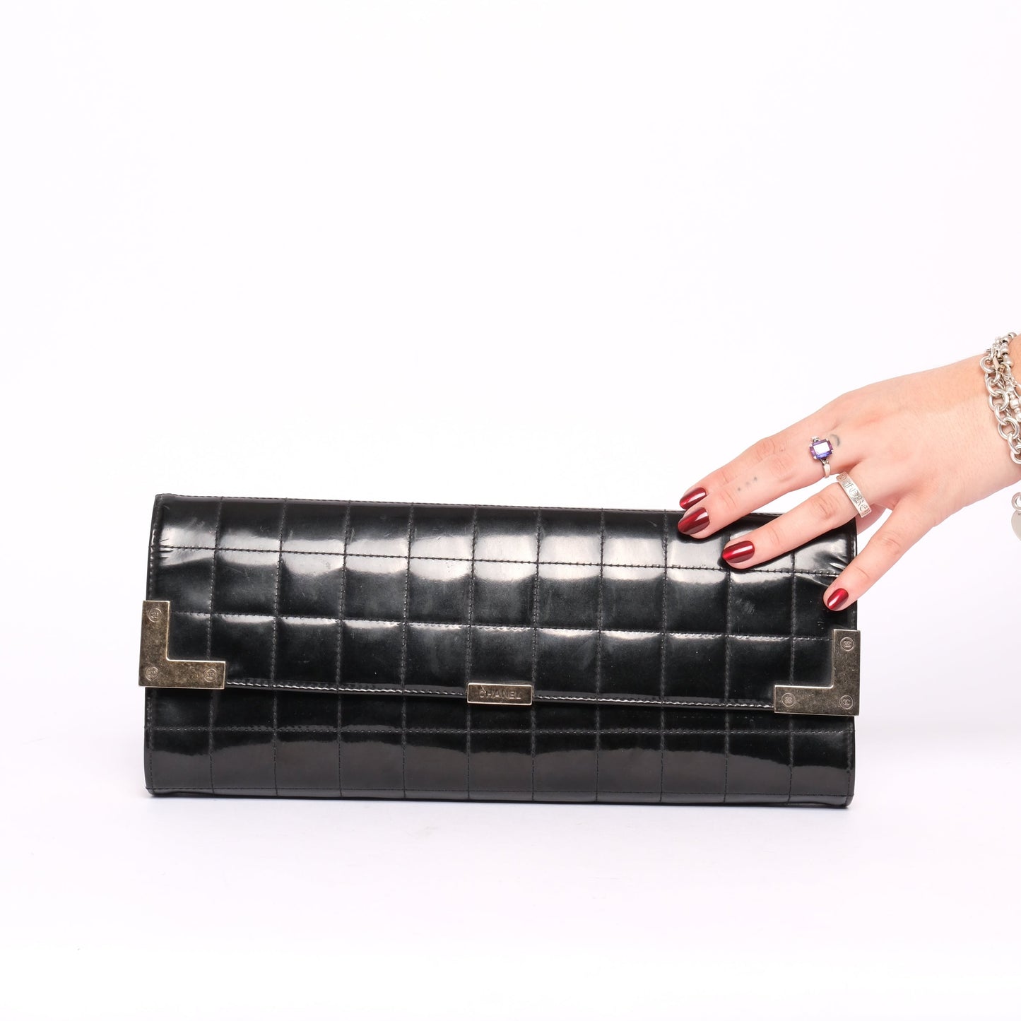 Chanel Black Patent Leather Chocolate Bar Quilted Clutch