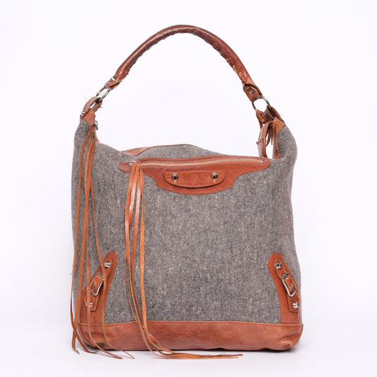 Balenciaga Gray Wool & Leather Day City Bag