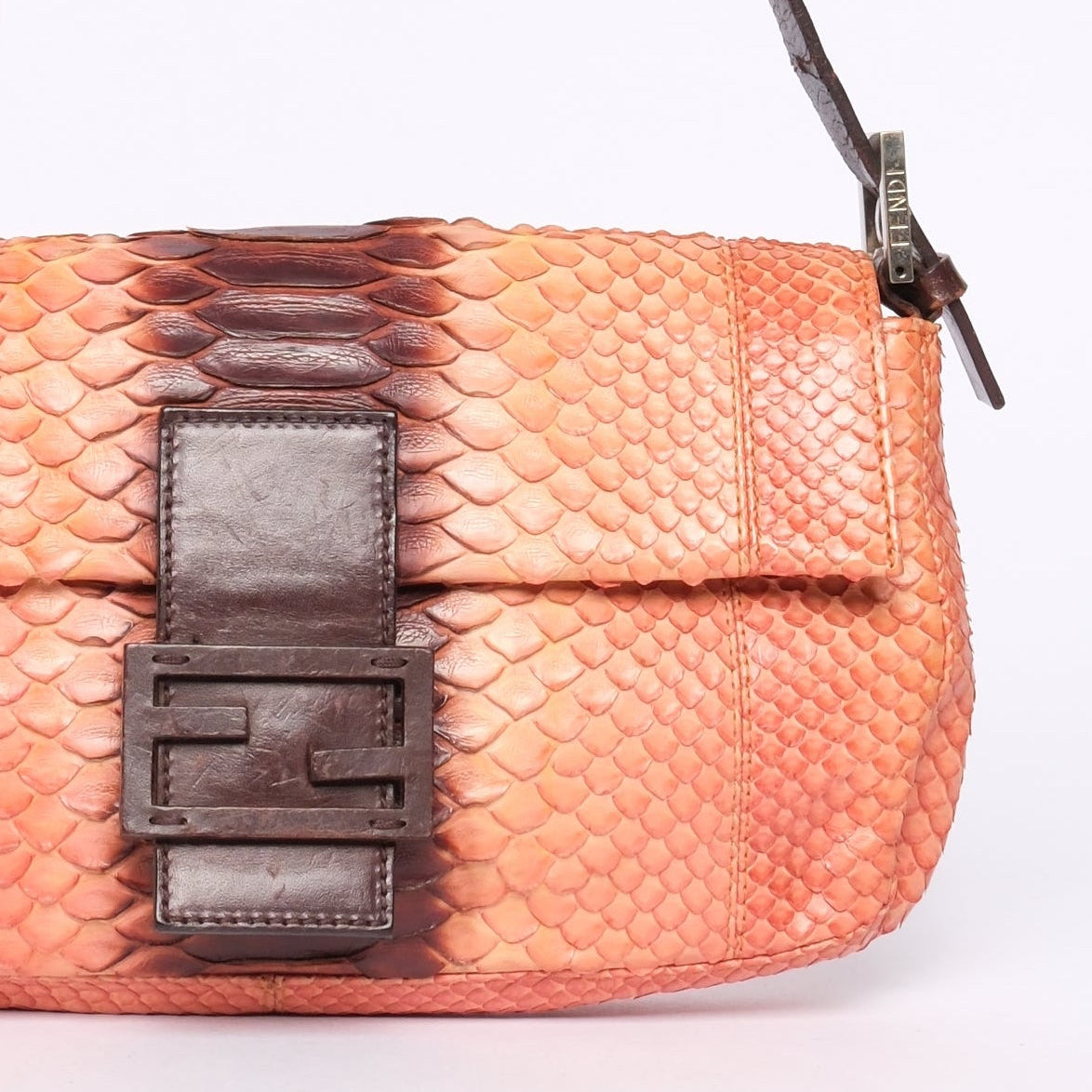 Fendi Orange & Brown Snakeskin Leather Baguette Shoulder Bag