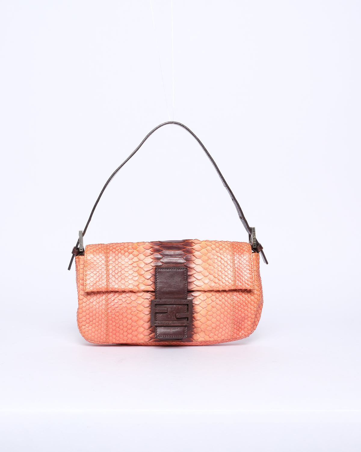 Fendi Orange & Brown Snakeskin Leather Baguette Shoulder Bag