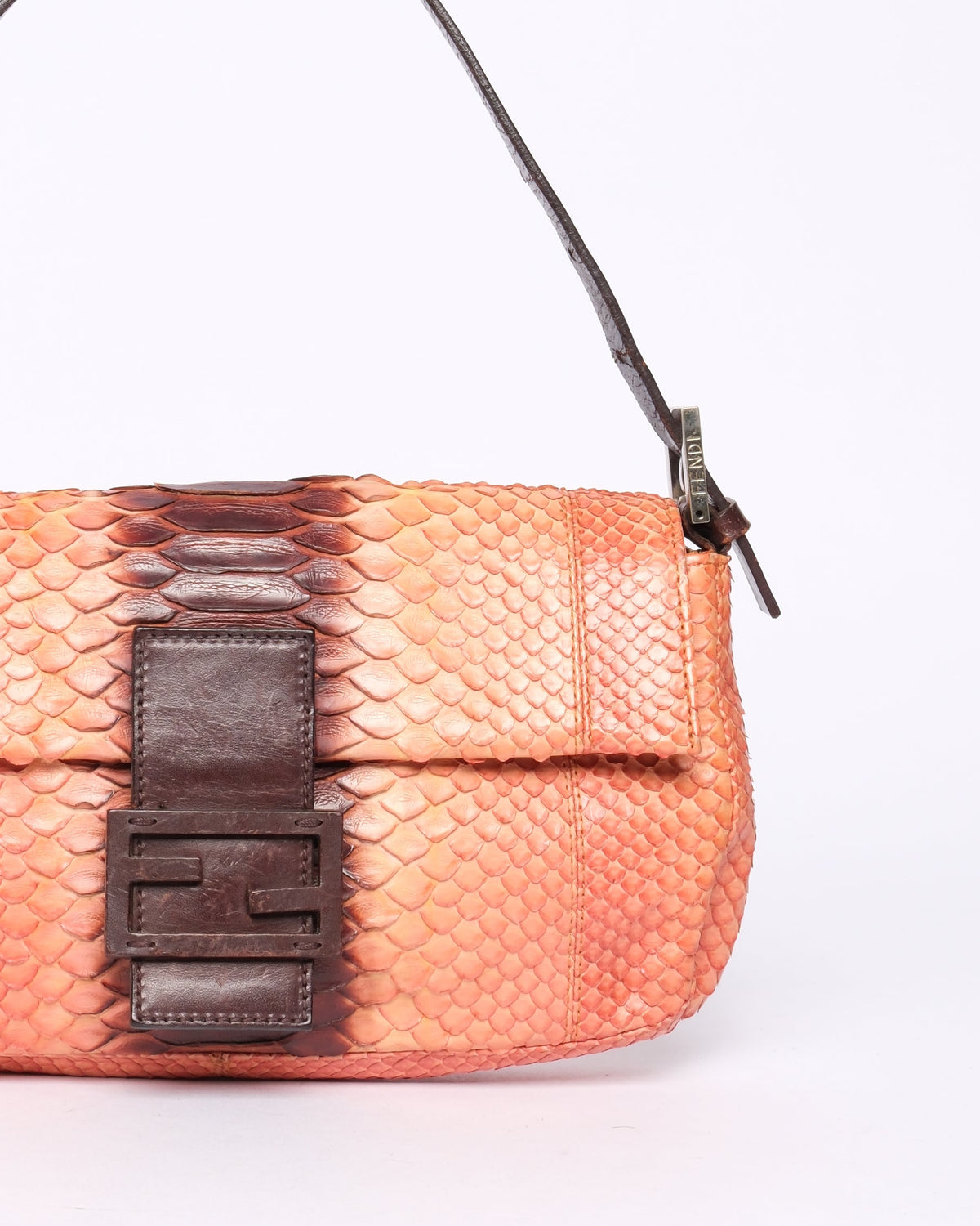 Fendi Orange & Brown Snakeskin Leather Baguette Shoulder Bag