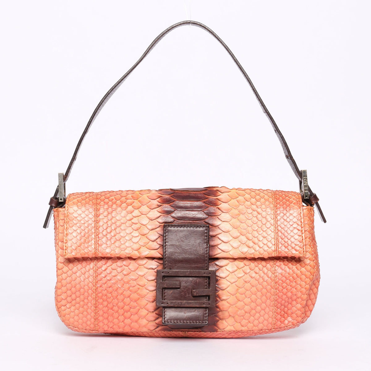 Fendi Orange & Brown Snakeskin Leather Baguette Shoulder Bag