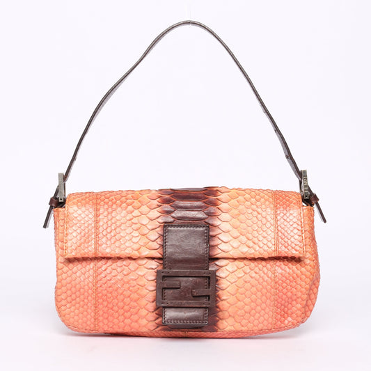 Fendi Orange & Brown Snakeskin Leather Baguette Shoulder Bag