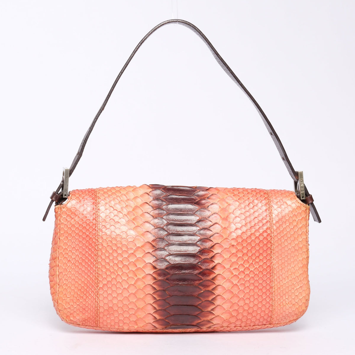 Fendi Orange & Brown Snakeskin Leather Baguette Shoulder Bag