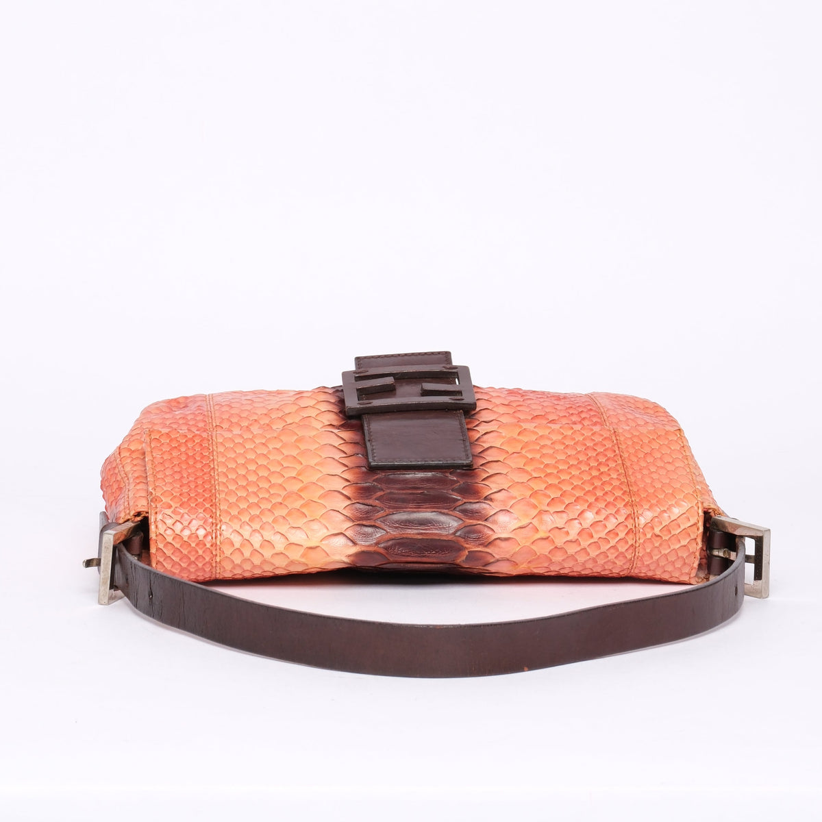 Fendi Orange & Brown Snakeskin Leather Baguette Shoulder Bag