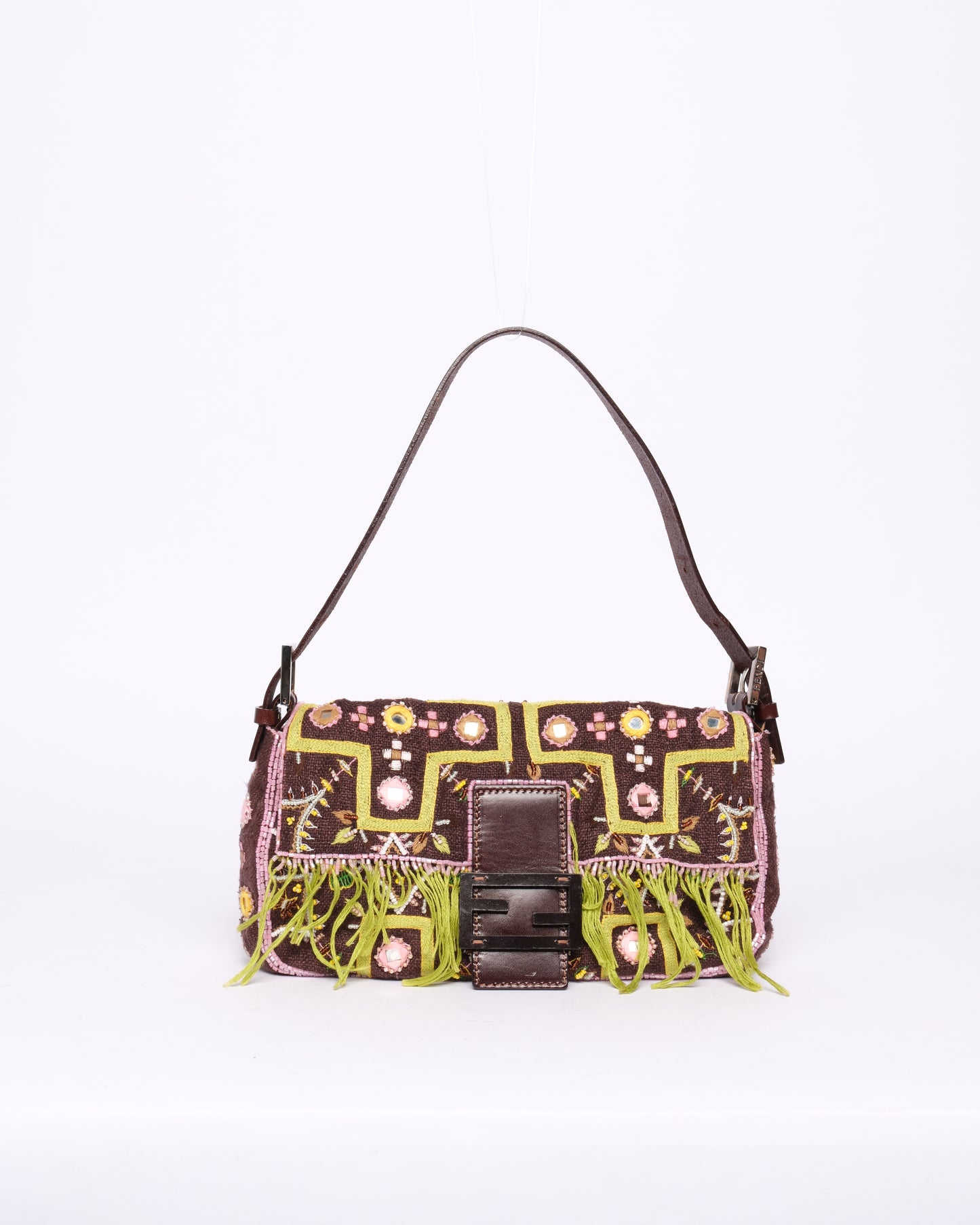 Fendi Brown Canvas Embroidered Floral Beaded Fringe Baguette Shoulder Bag