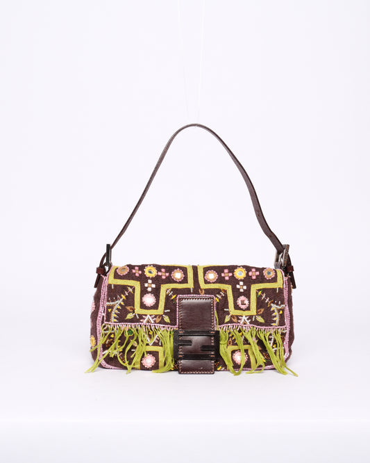 Fendi Brown Canvas Embroidered Floral Beaded Fringe Baguette Shoulder Bag (Copy)
