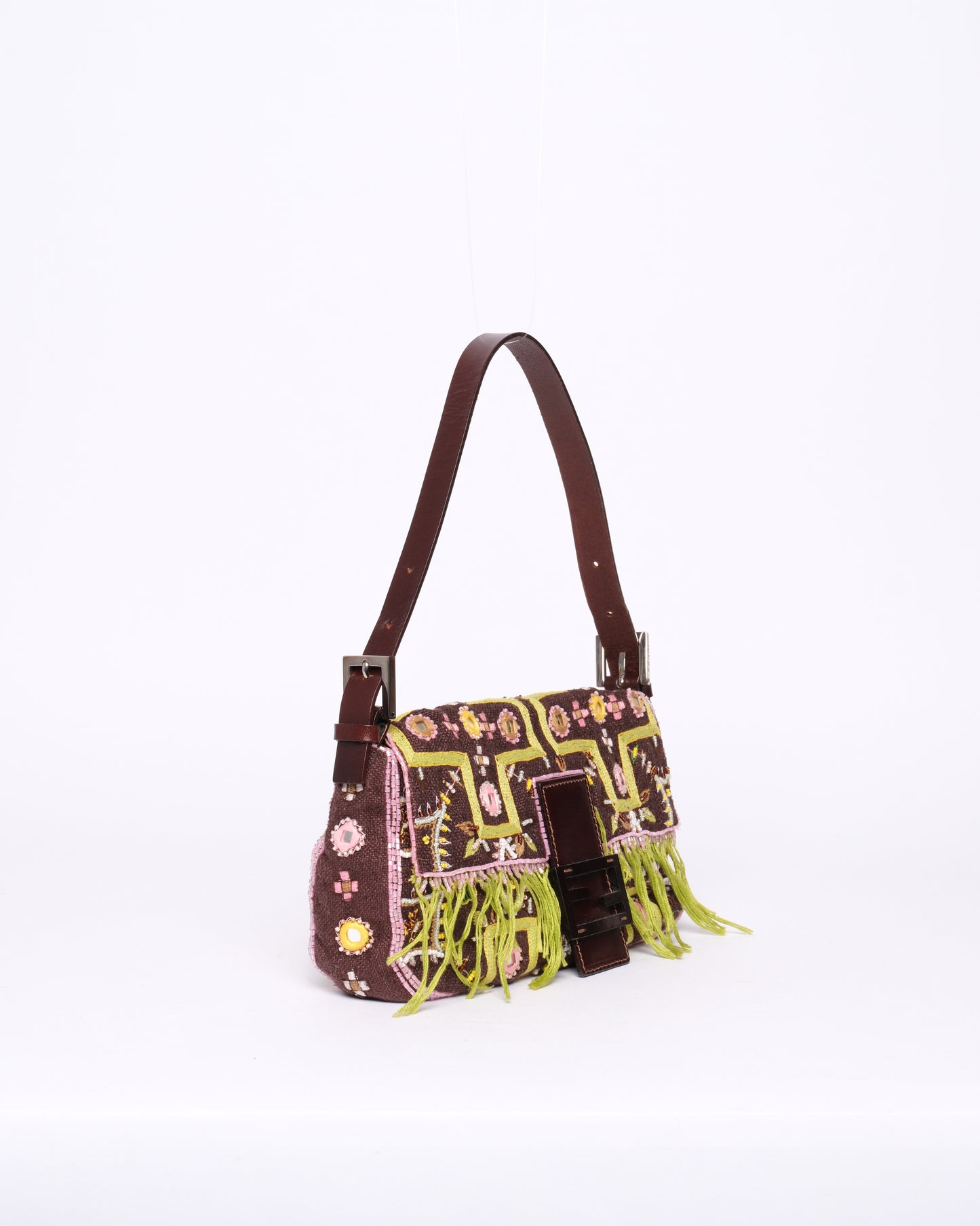 Fendi Brown Canvas Embroidered Floral Beaded Fringe Baguette Shoulder Bag