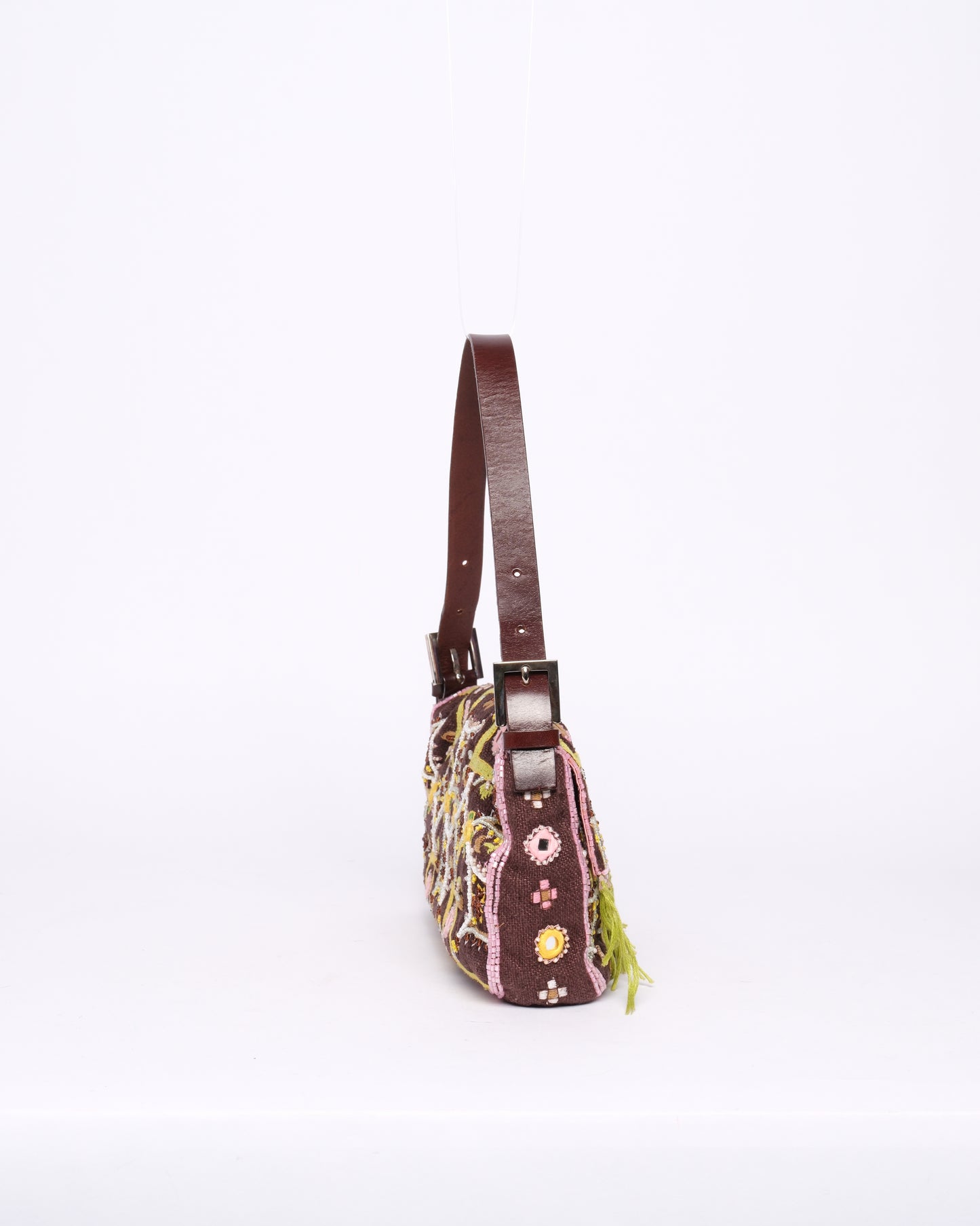 Fendi Brown Canvas Embroidered Floral Beaded Fringe Baguette Shoulder Bag