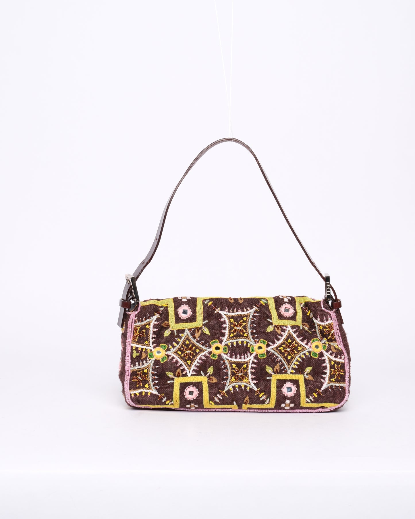 Fendi Brown Canvas Embroidered Floral Beaded Fringe Baguette Shoulder Bag