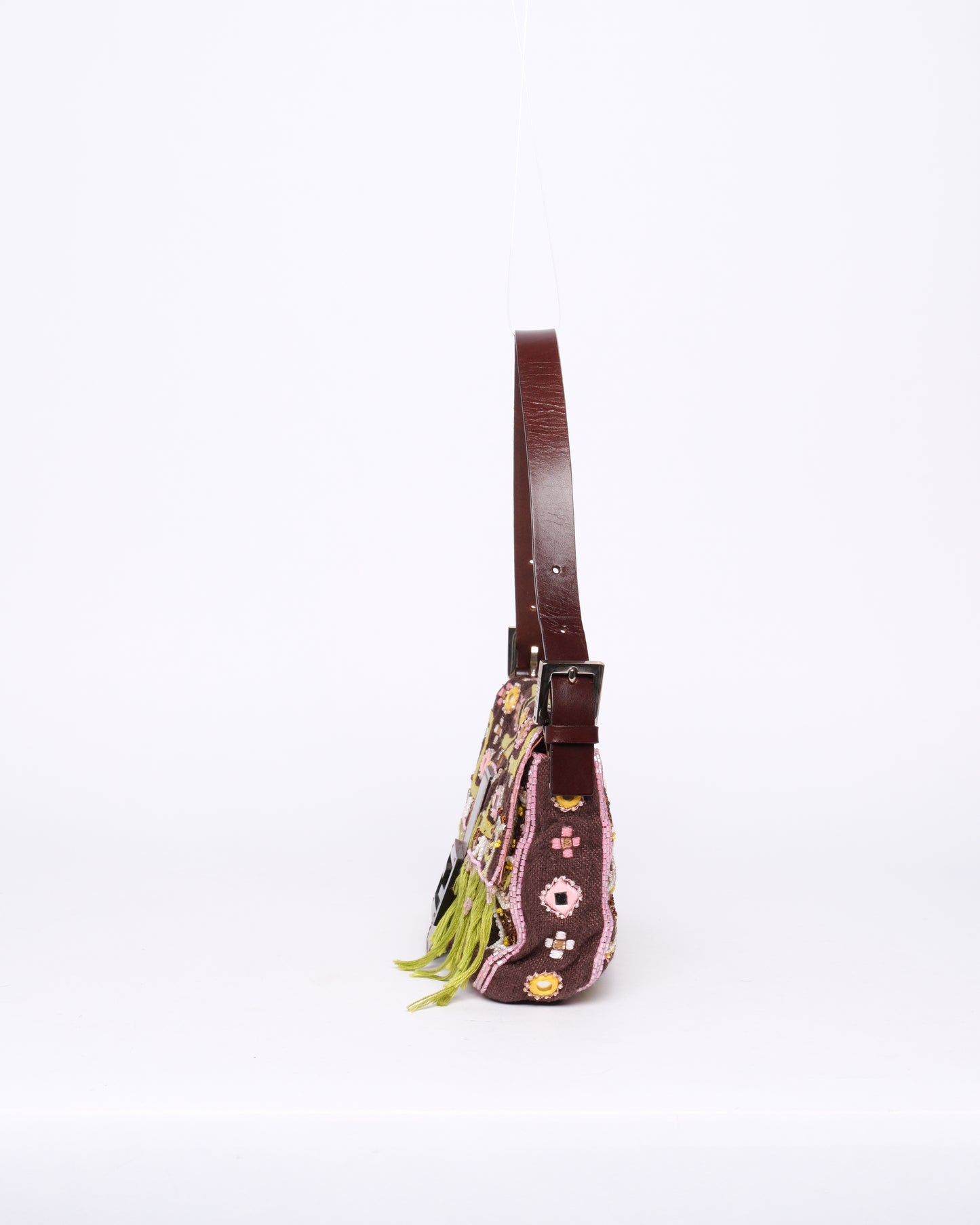 Fendi Brown Canvas Embroidered Floral Beaded Fringe Baguette Shoulder Bag