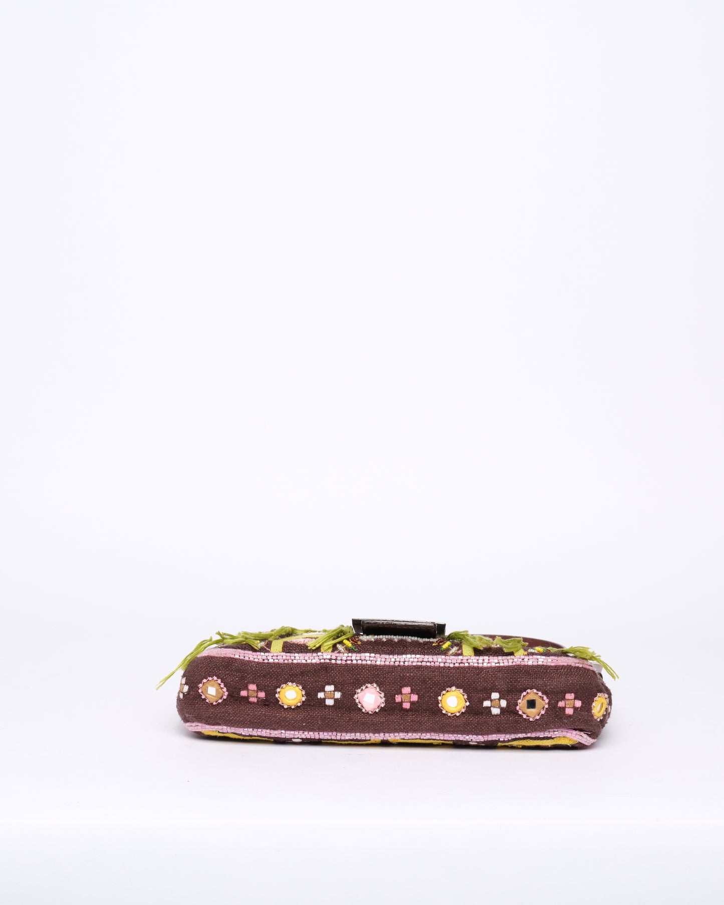 Fendi Brown Canvas Embroidered Floral Beaded Fringe Baguette Shoulder Bag