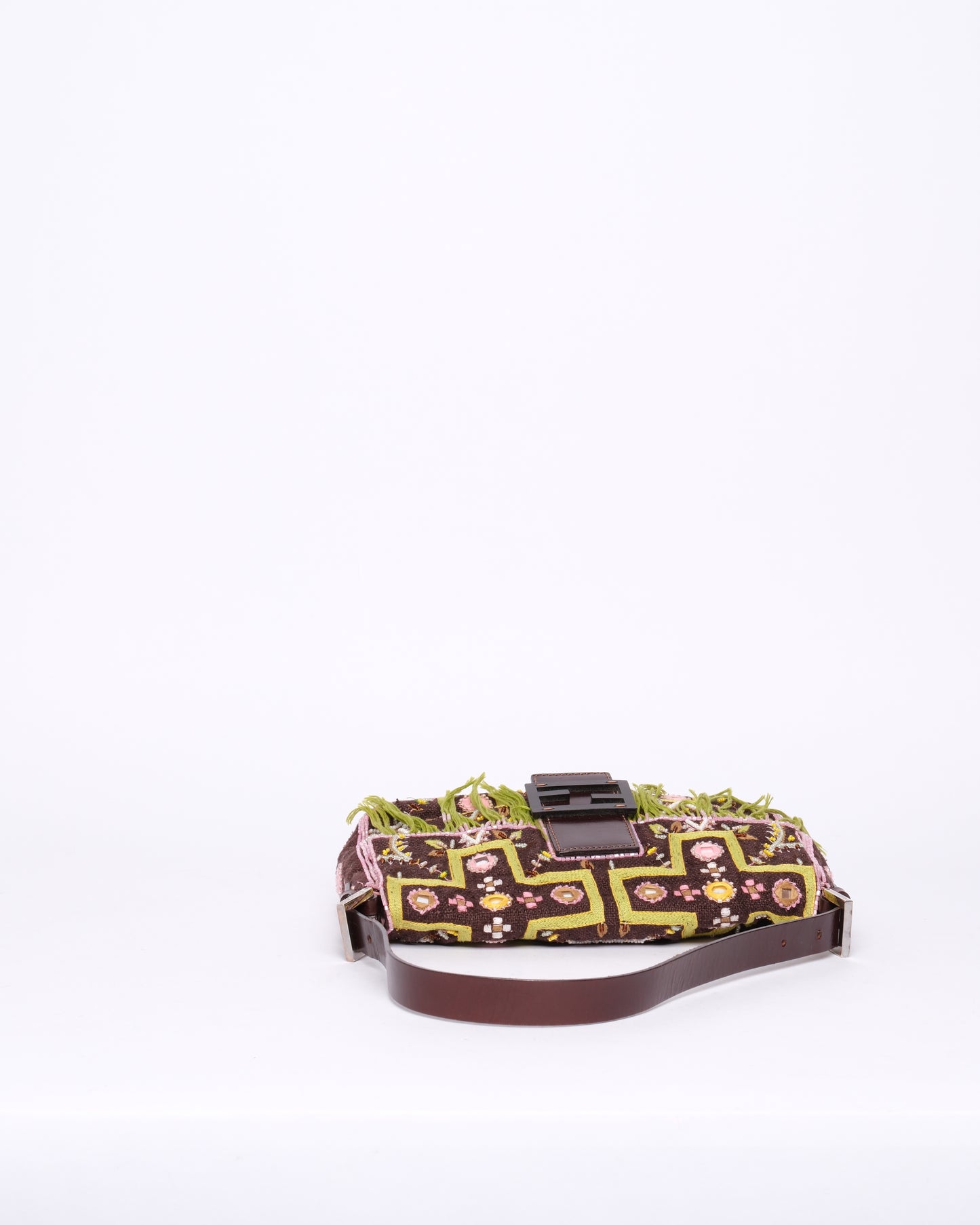 Fendi Brown Canvas Embroidered Floral Beaded Fringe Baguette Shoulder Bag