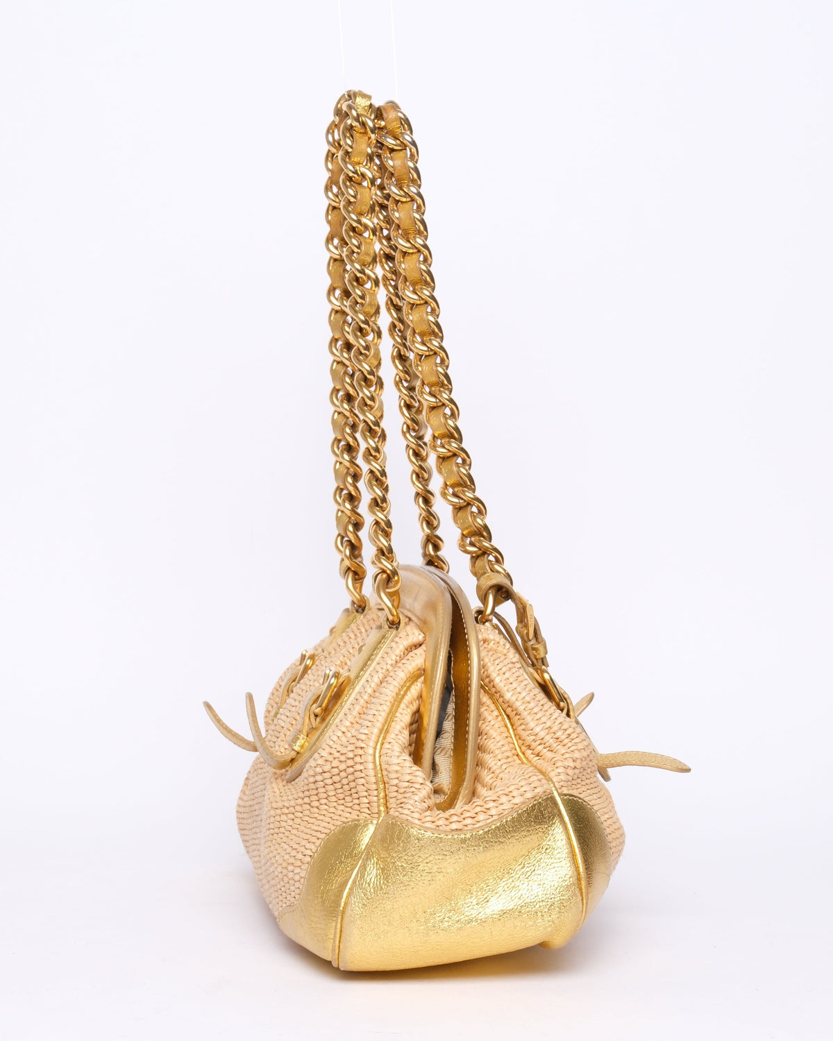 Prada Gold & Beige Raffia Chain Shoulder Bag