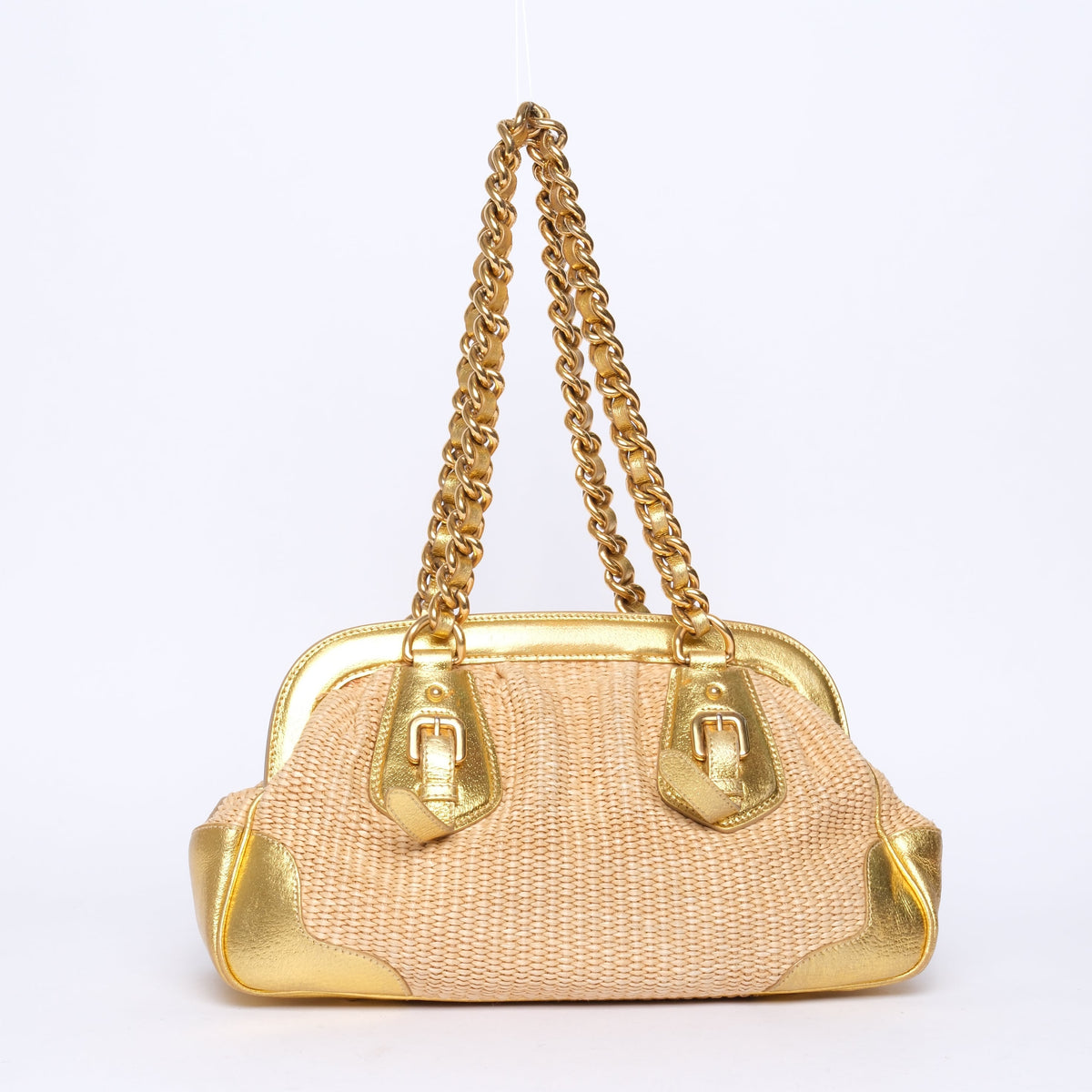 Prada Gold & Beige Raffia Chain Shoulder Bag