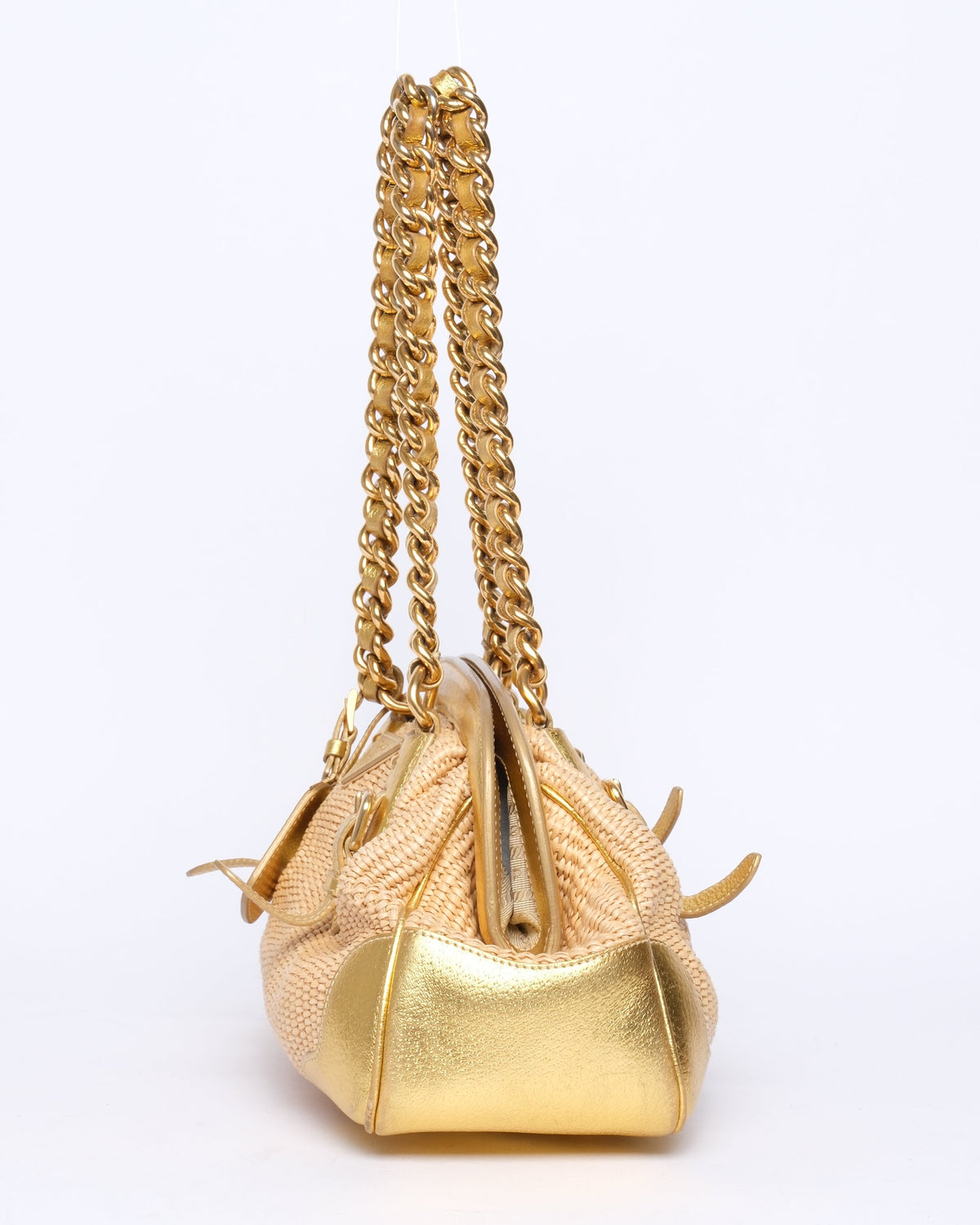 Prada Gold & Beige Raffia Chain Shoulder Bag