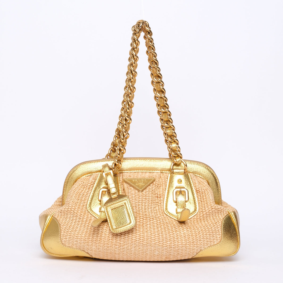 Prada Gold & Beige Raffia Chain Shoulder Bag