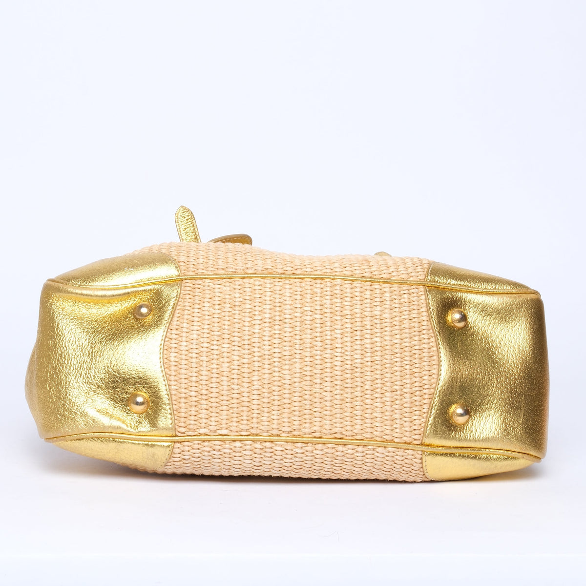 Prada Gold & Beige Raffia Chain Shoulder Bag