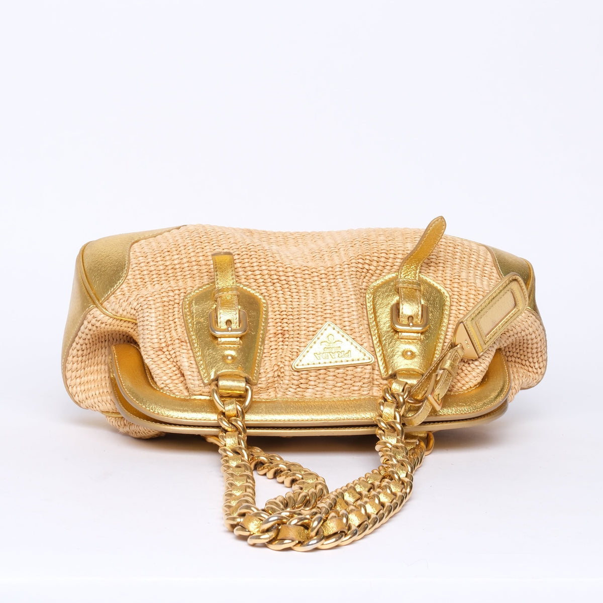 Prada Gold & Beige Raffia Chain Shoulder Bag