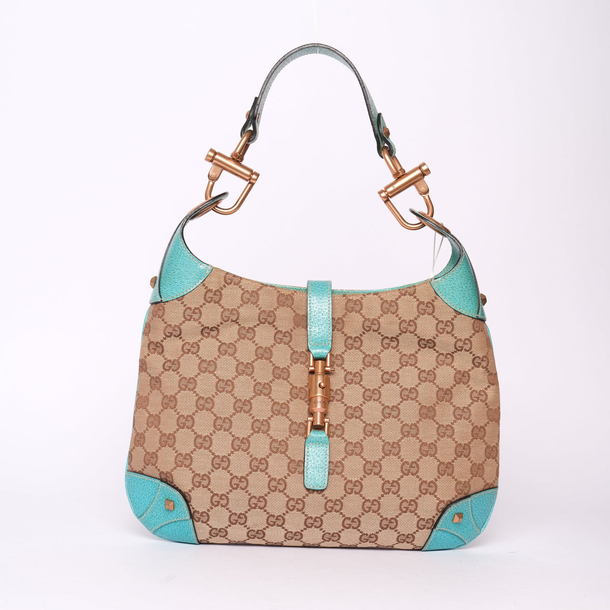 Gucci Brown Teal Canvas & Leather Monogram Jackie Shoulder Bag