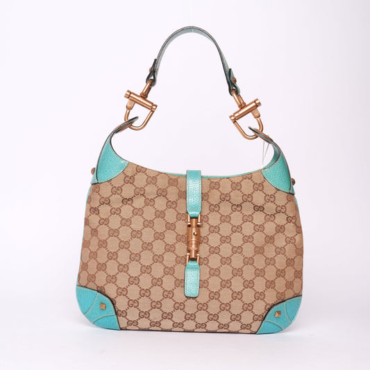 Gucci Brown Teal Canvas & Leather Monogram Jackie Shoulder Bag