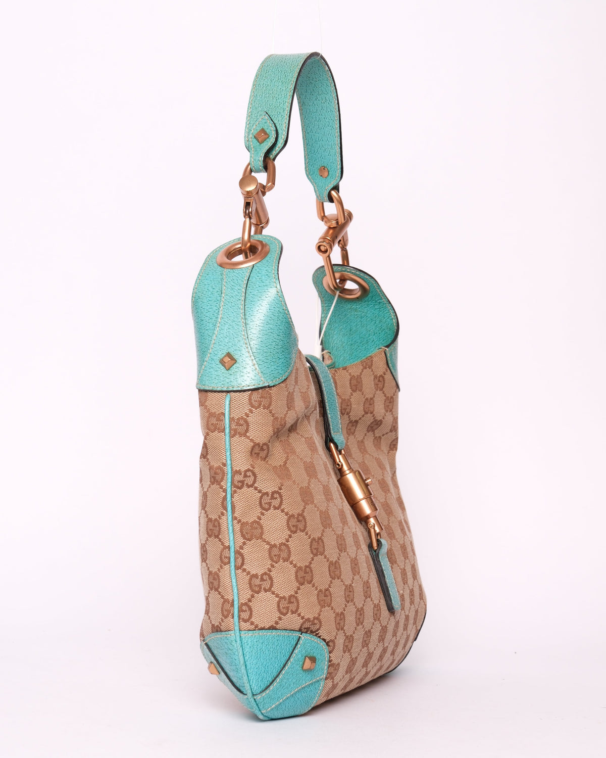 Gucci Brown Teal Canvas & Leather Monogram Jackie Shoulder Bag