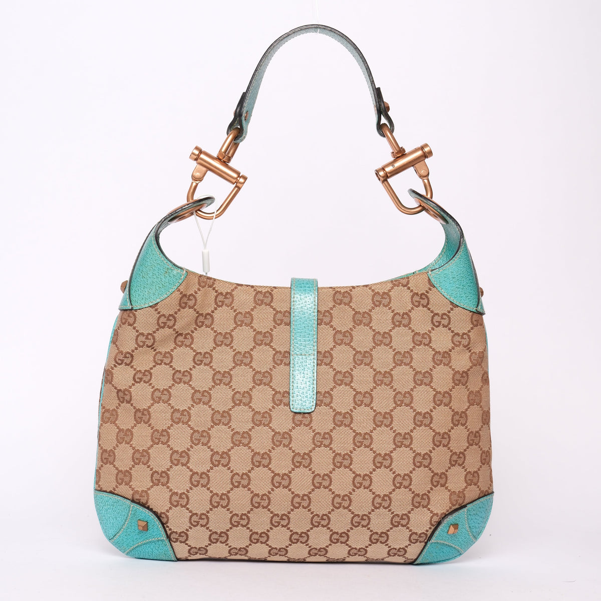 Gucci Brown Teal Canvas & Leather Monogram Jackie Shoulder Bag