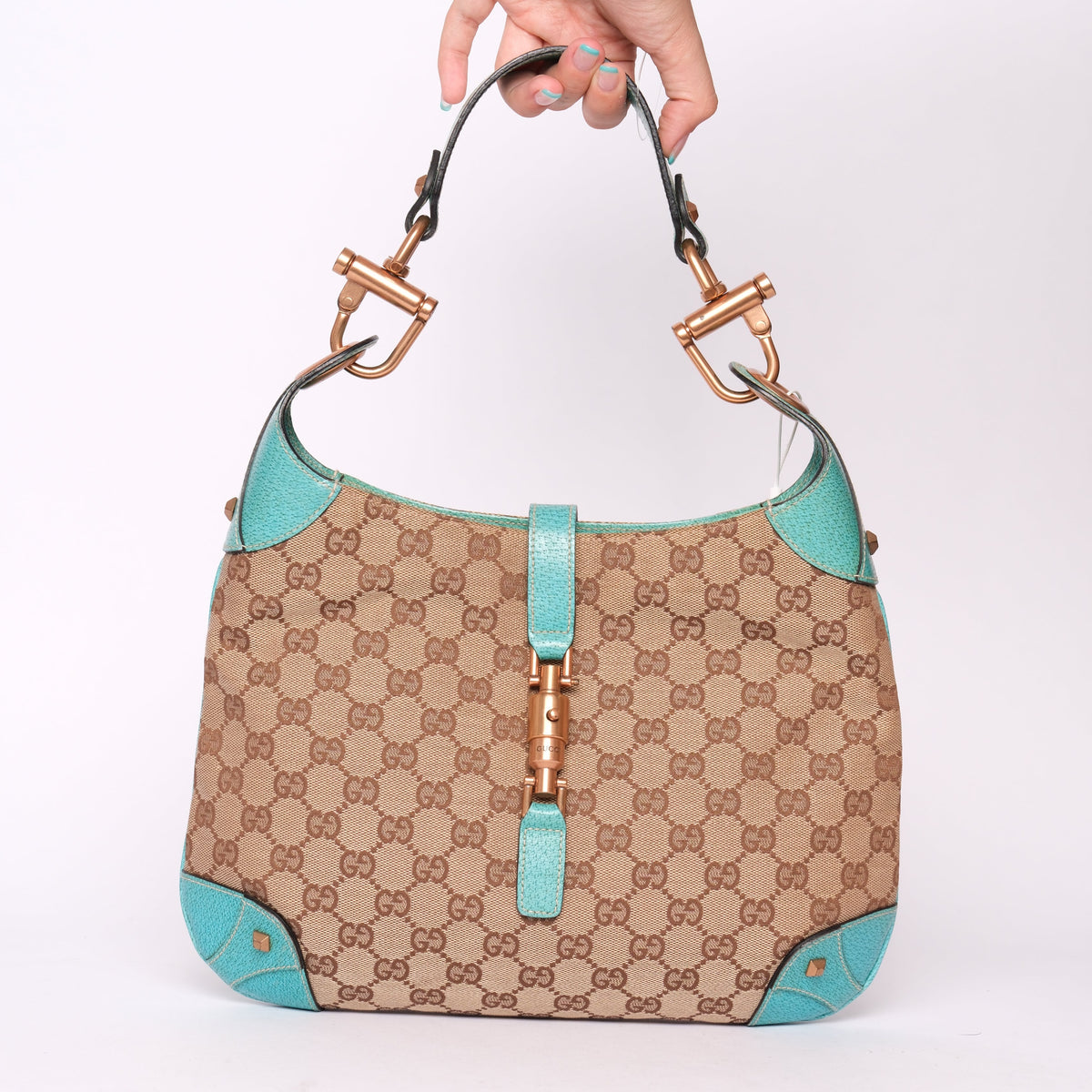 Gucci Brown Teal Canvas & Leather Monogram Jackie Shoulder Bag