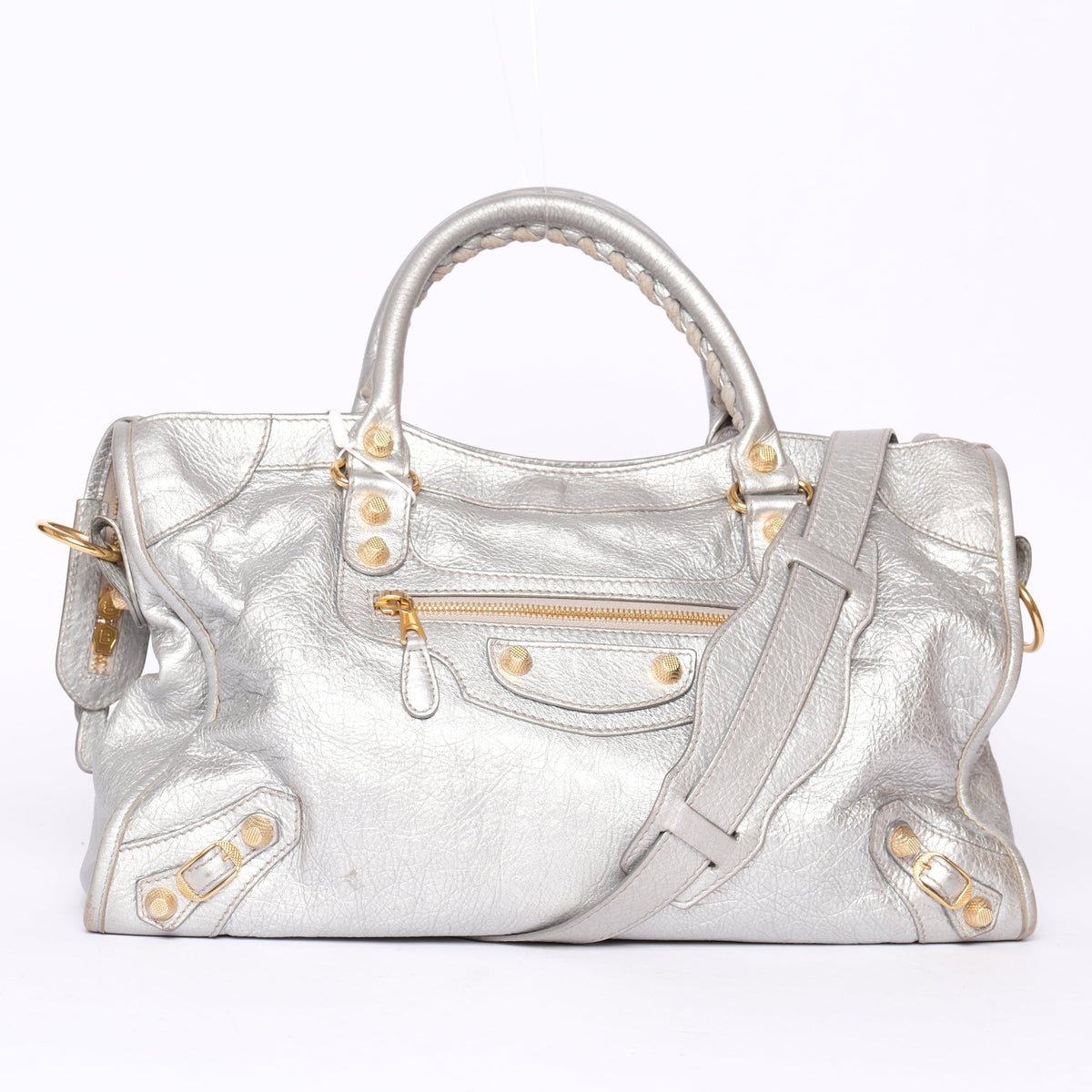 Balenciaga Silver Leather City Bag w/ Gold Hardware