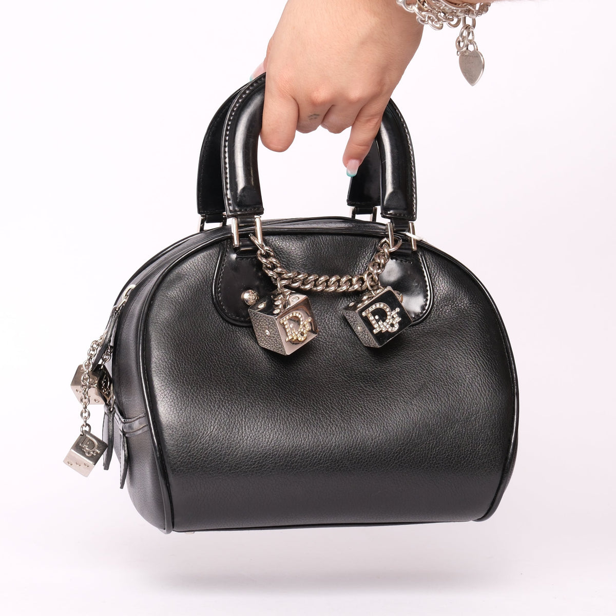 Christian Dior Black Leather Small Dice Gambler Boston Bag