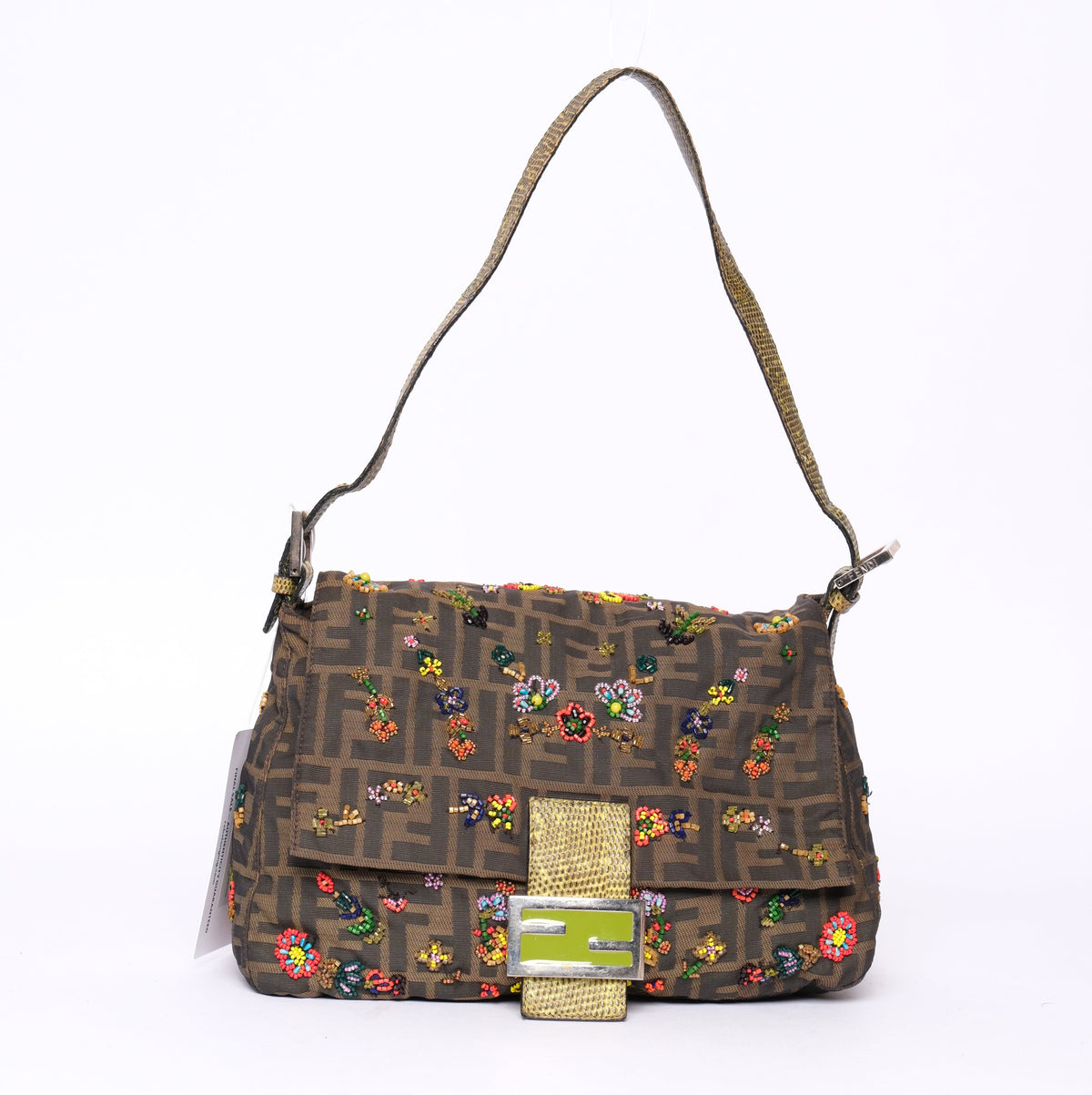 Fendi Zucca Beaded Mama Baguette w/ Green Lizard Trim
