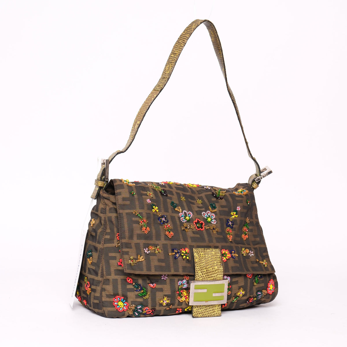 Fendi Zucca Beaded Mama Baguette w/ Green Lizard Trim