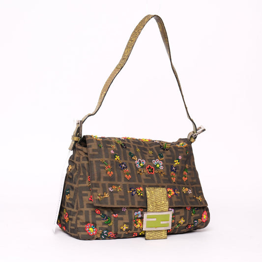 Fendi Zucca Beaded Mama Baguette w/ Green Lizard Trim