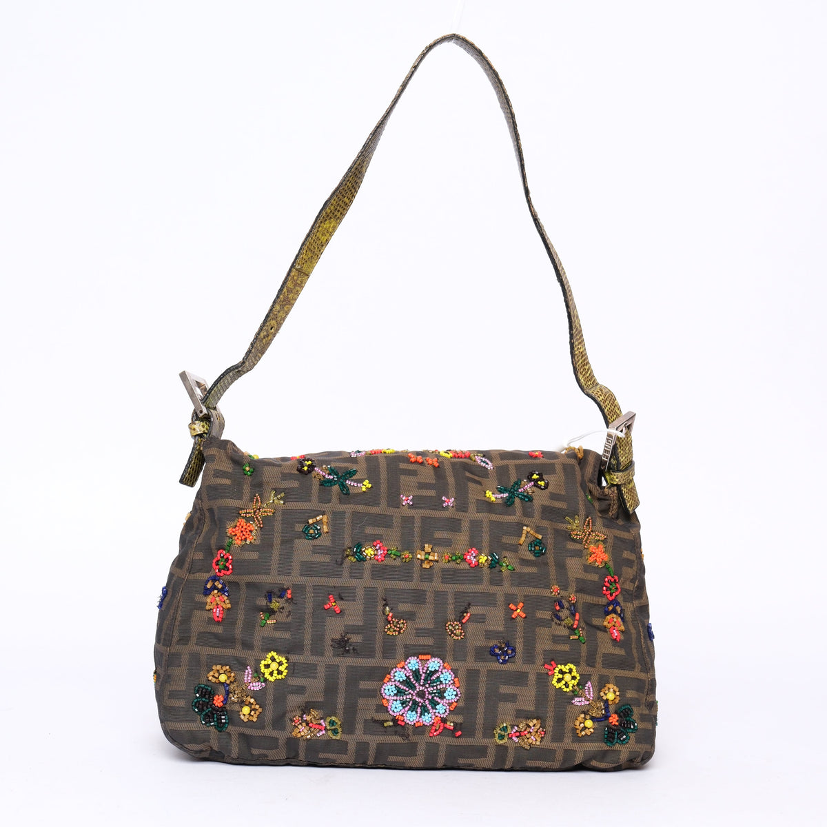 Fendi Zucca Beaded Mama Baguette w/ Green Lizard Trim