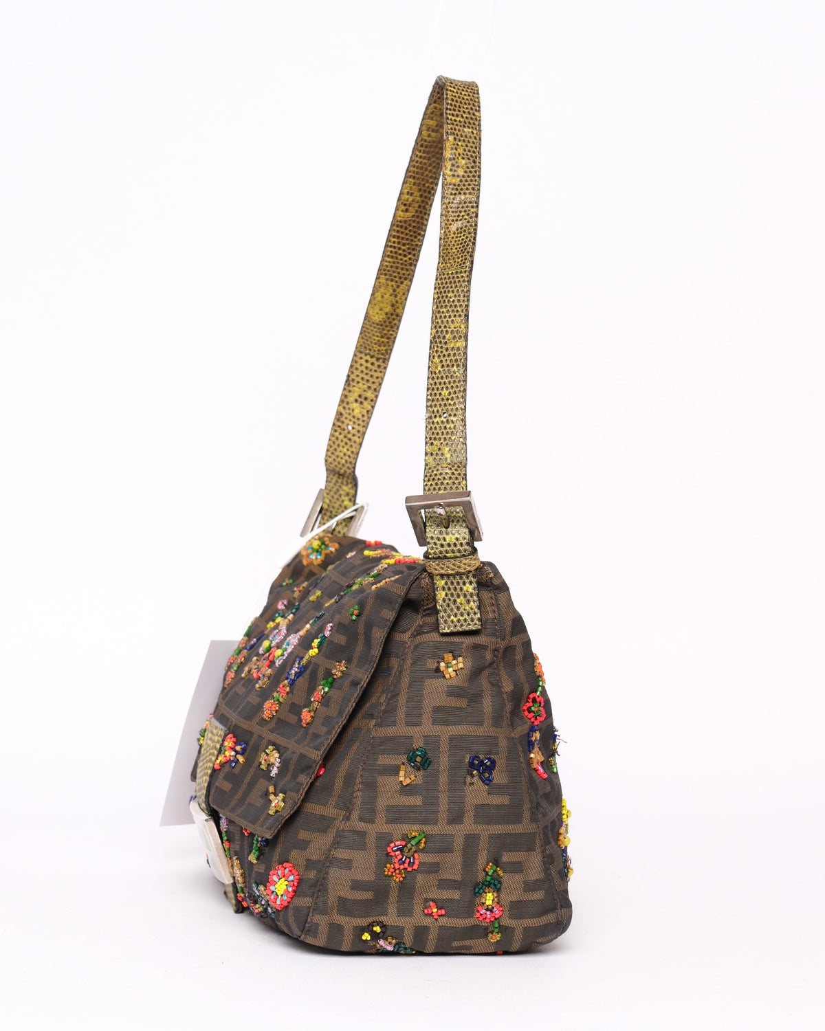 Fendi Zucca Beaded Mama Baguette w/ Green Lizard Trim
