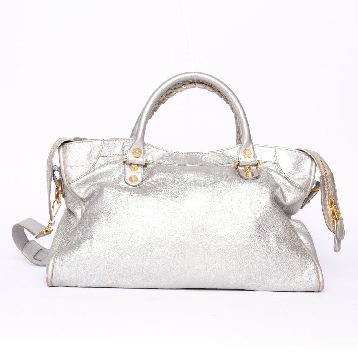 Balenciaga Silver Leather City Bag w/ Gold Hardware