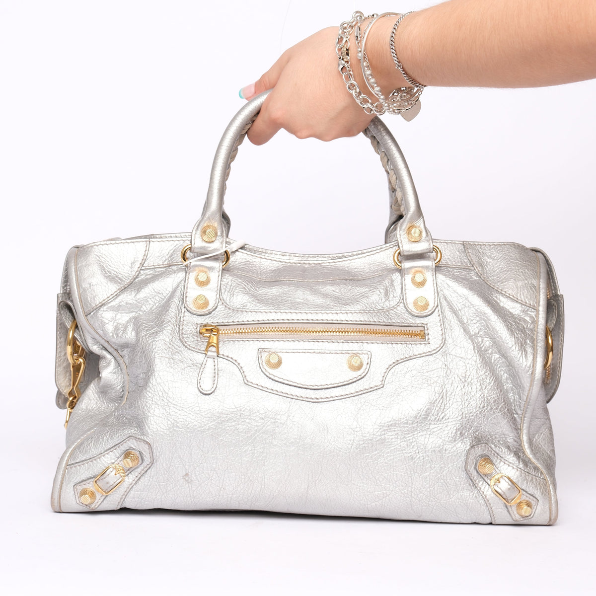 Balenciaga Silver Leather City Bag w/ Gold Hardware