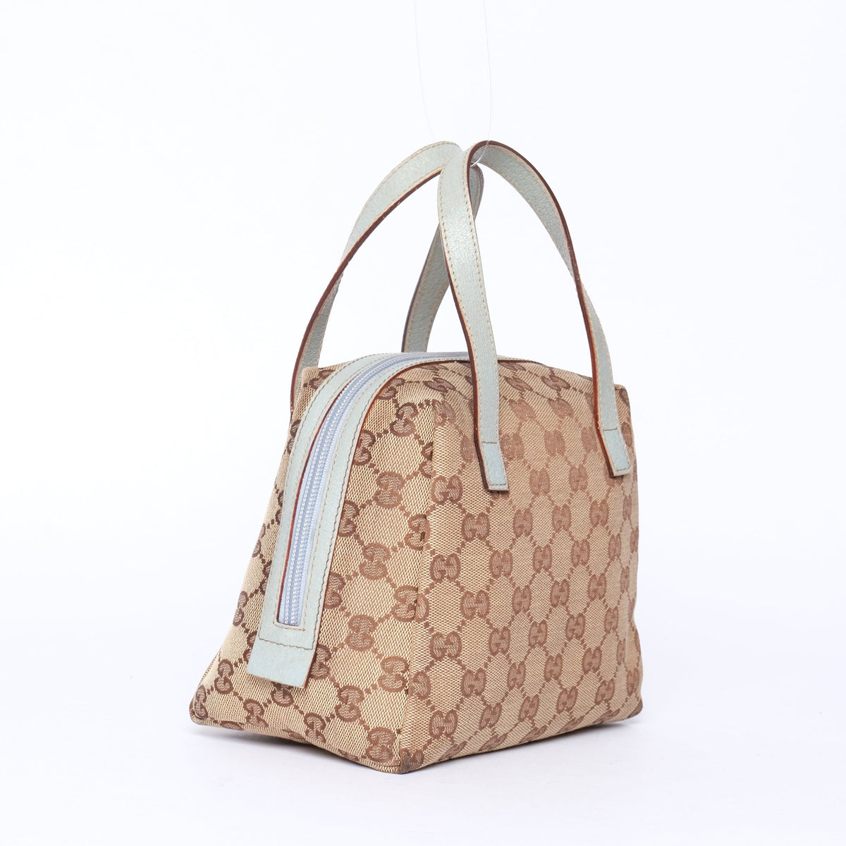 Gucci Brown Monogram Canvas Baby Blue Trim Top Handle Bag