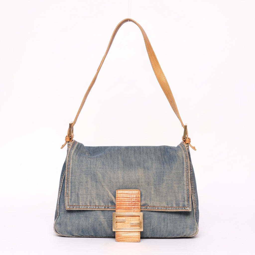 Fendi Denim Mama Baguette w/ Lizard Trim