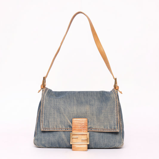 Fendi Denim Mama Baguette w/ Lizard Trim