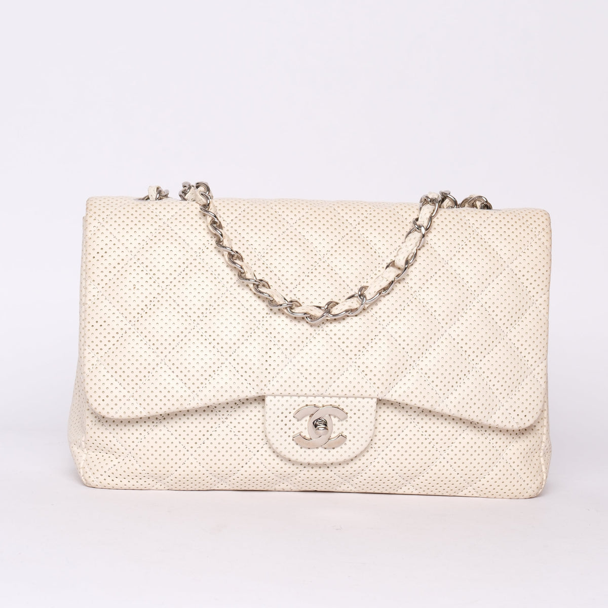 Chanel White Lambskin Leather Perforated Flap Shoulder Bag SHW