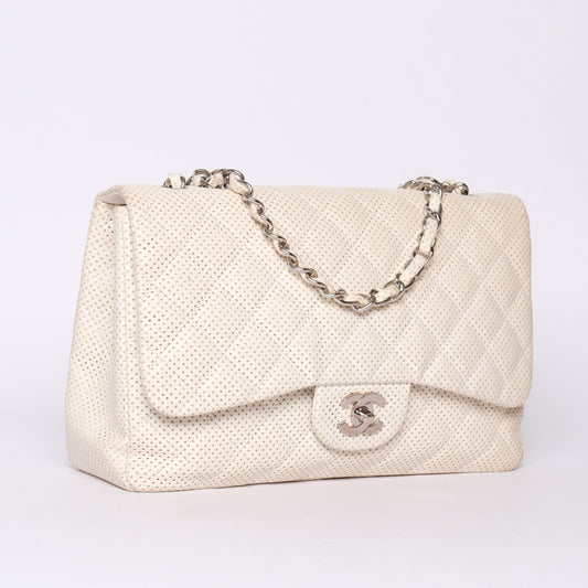 Chanel White Lambskin Leather Perforated Flap Shoulder Bag SHW