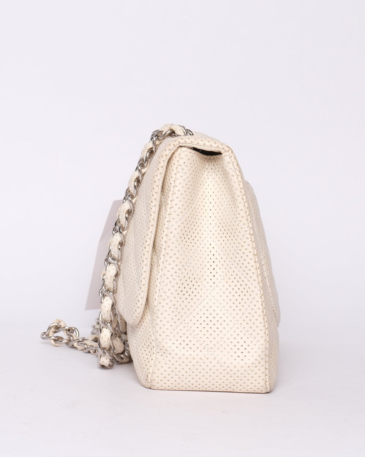 Chanel White Lambskin Leather Perforated Flap Shoulder Bag SHW