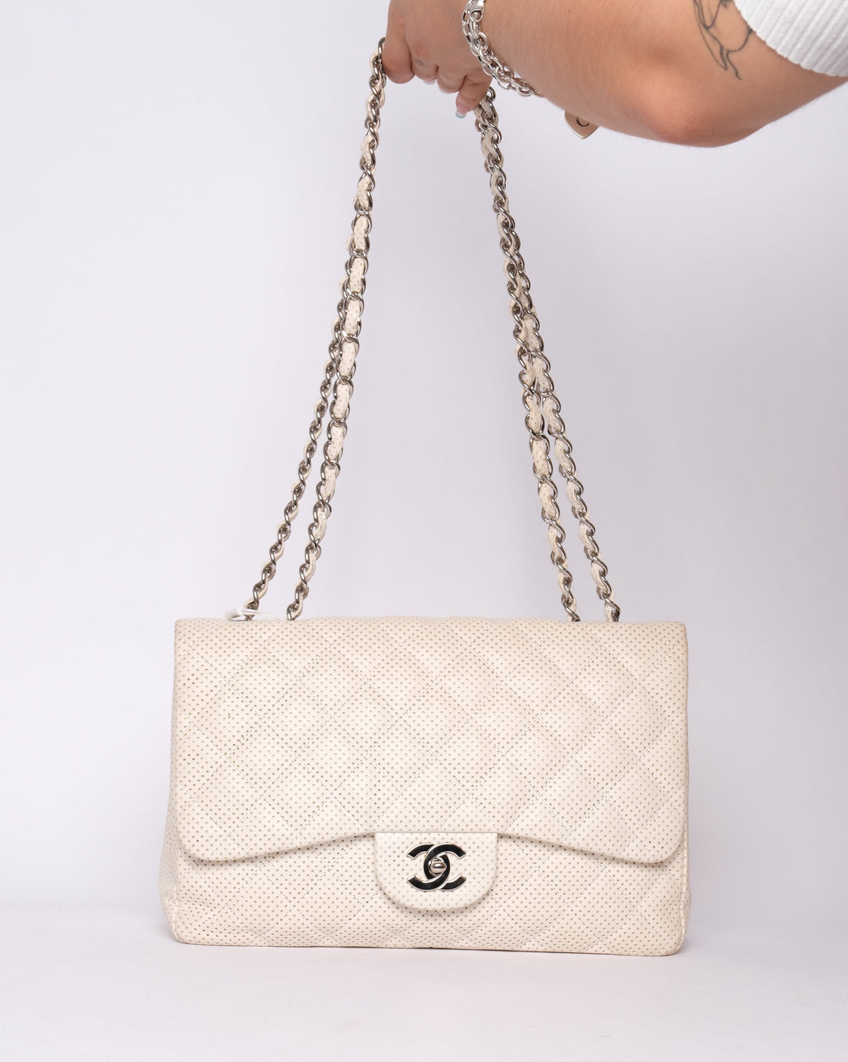 Chanel White Lambskin Leather Perforated Flap Shoulder Bag SHW